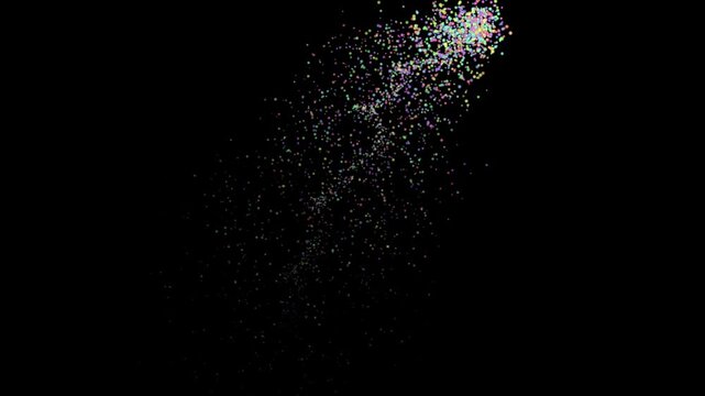 Small, vibrant glitter particles scattered densely in the upper left corner of a solid black background, creating a contrast between light and darkness.