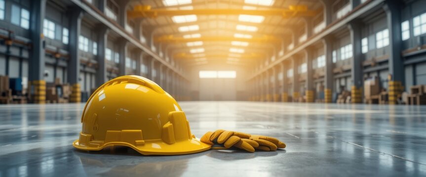 Yellow hard hat and gloves placed on the floor of a large empty warehouse during daylight