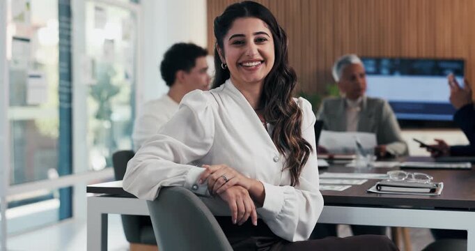 Face, business or woman with smile in meeting, legal representative service or case management career. Portrait, professional or lawyer with confidence for lawsuit defense, laugh or client advocate