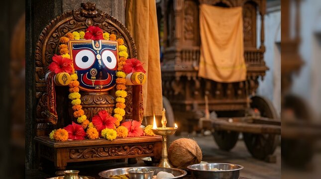 Ornate jagannath deity on wooden throne with ritual offerings and large temple chariot car.