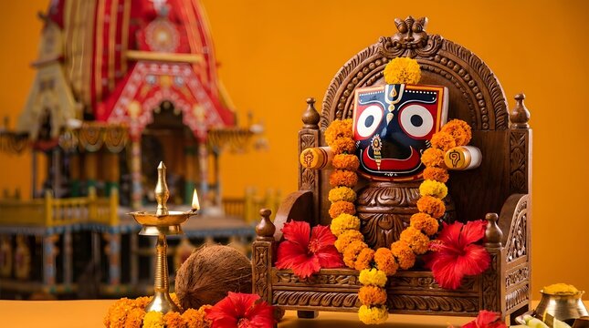 Close up of jagannath idol decorated with orange garlands and red flowers near brass lamp.