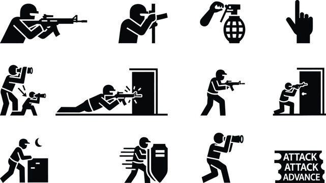 Military operations pictograms black silhouette icons depicting combat tactics and weaponry for strategic visualization