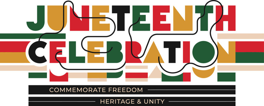 Juneteenth Celebration graphic design features bold typography with the colors of the Pan-African flag to commemorate freedom and heritage.