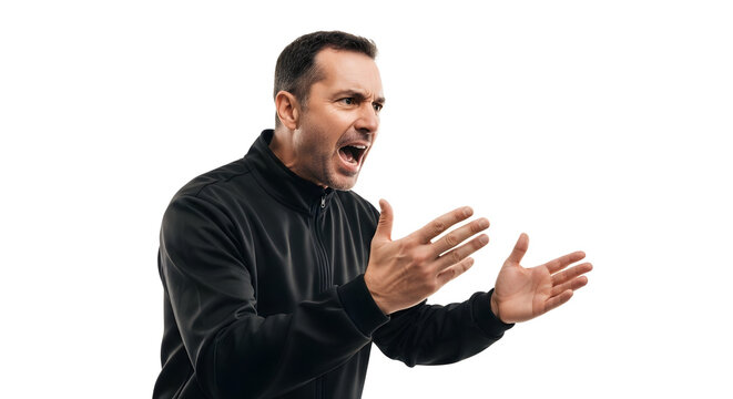 A man expressing frustration and anger with his hands outstretched in a gesture of exasperation.
