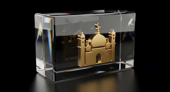 Golden mosque symbol inside a glass block on a black background