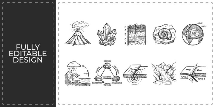 Hand drawn natural disaster icons featuring volcano earthquake flood and forest fire symbols flat vector illustration icon bundle set high resolution