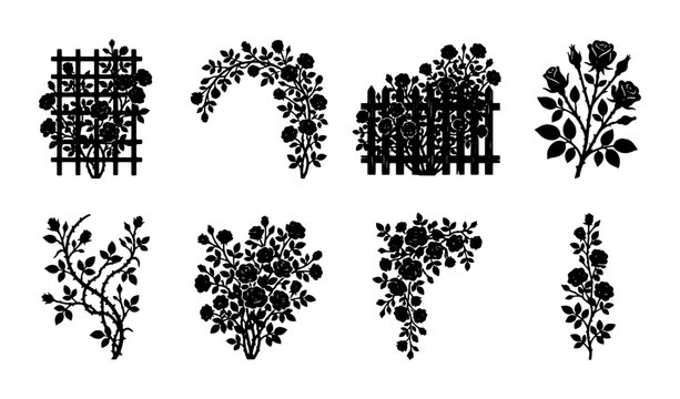 Black Silhouette Rose Garden Elements, Vector Set: Climbing Vines, Arches, Fences, Floral Sprays for Decorative Design