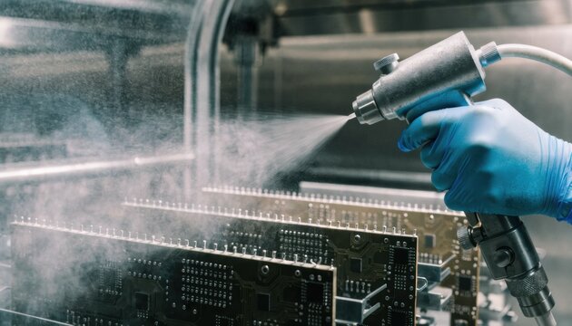 Medium shot of a protective conformal coating being evenly sprayed over electronic circuit boards inside a clean controlled booth ensuring durability and moisture resistance.