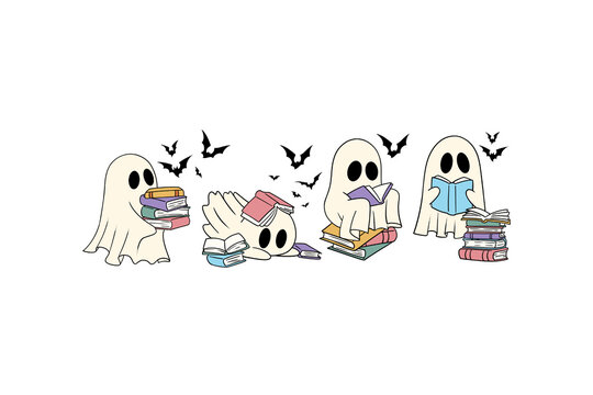 Cute little ghosts reading books library Halloween Sublimation Design