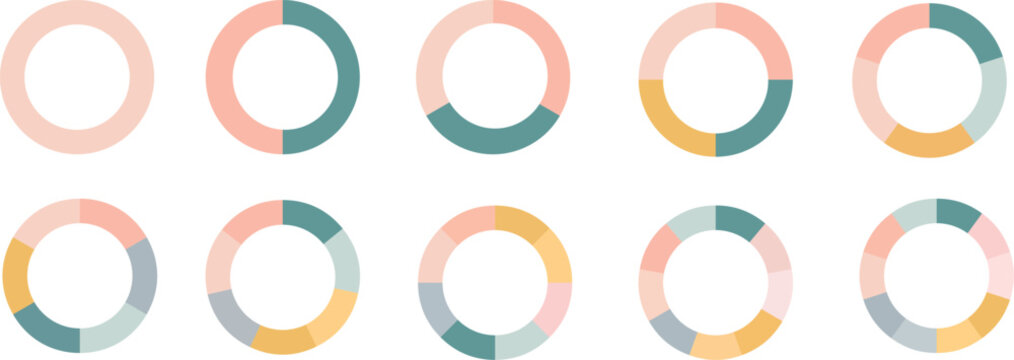 Pie chart set. Colorful diagram collection with sections or steps, segment of circle element icons collection for 1 2 3 4 5 6 7 8 9 10. Vector illustration.