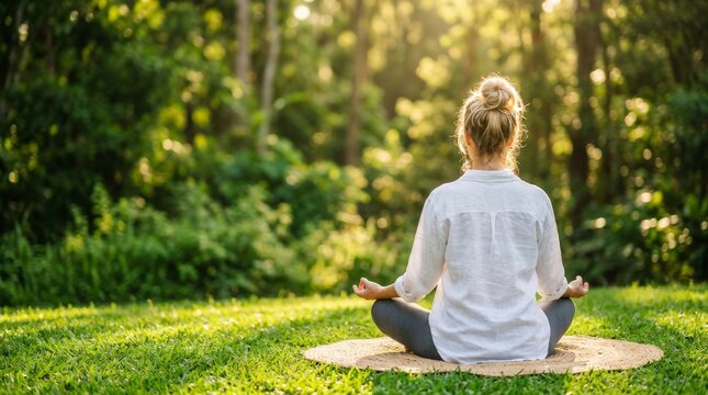 Woman meditating and practicing yoga in forest. Back view of a woman meditating in a sunny green park with blurred background and copy space