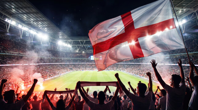 England football supporters waving national flag inside illuminated stadium with passionate crowd, dramatic championship lights and energetic fan celebration during international soccer event