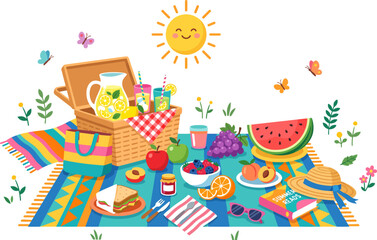 Fototapeta premium Colorful picnic scene with food drinks and summer accessories