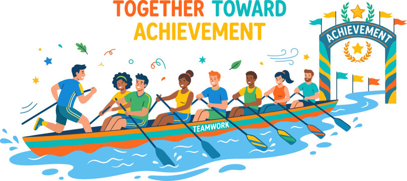Team rowing boat illustration with coxswain achievement and teamwork concepts