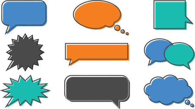 Set of colorful comic speech bubbles and chat box vector elements featuring dialogue clouds, message icons and cartoon communication symbols