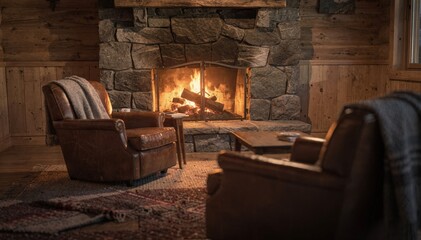 Fototapeta premium Snug mountain lodge corner featuring gently smoldering embers in the stone fireplace blurred leather armchairs and textured rugs softly framing the setting.
