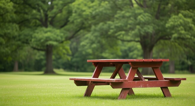 Red Picnic Table Sitting on a Lush Green Lawn with Large Trees in Background