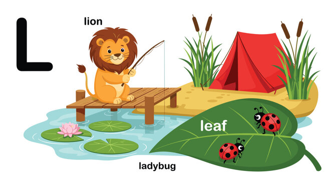 Letter L learning worksheet displays a cute lion fishing from a wooden pier next to a leaf with ladybugs and a red tent.