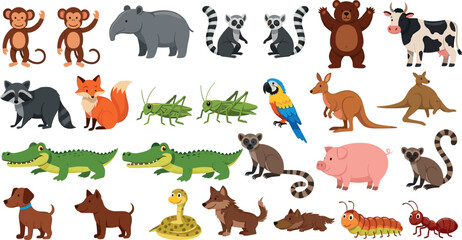 Cute cartoon wild animals mega collection featuring monkey bear cow raccoon fox crocodile kangaroo parrot snake pig and caterpillar isolated on white background vector illustration © Rejaul