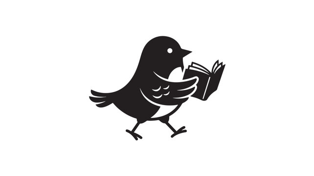 Bird holding stacked books icon, simple black silhouette with open book and feather wings, study learning concept for kids