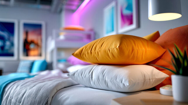 Bright modern dormitory room with bunk beds, white pillows, orange accents, and colorful wall art for hostel accommodation