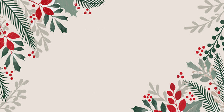 holly berries and foliage frame watercolor illustration on beige background