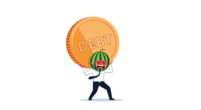 Sad cartoon character with a watermelon for a head struggles to carry a massive gold coin representing a heavy debt burden.