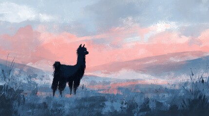 Fototapeta premium Majestic silhouette of a llama against a pastel sunset landscape