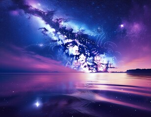 Fototapeta premium lilac blue starry night at sea water wave reflection nebula milky way space