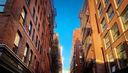 Fototapeta premium tall buildings form narrow urban alleyway sunlight hits brick walls casting long shadows fire escapes climb exterior walls clear sky above city street canyon modern and old architecture contrast