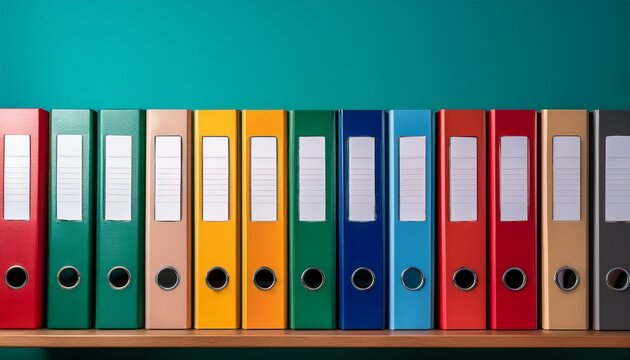 rows of vibrant multicolored ring binders stand neatly organized on a wooden office shelf against a teal background