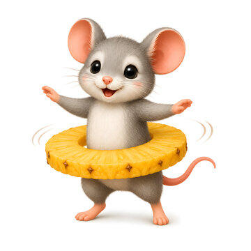 Humorvolle Illustration einer Maus mit einem Ananasring um die Taille auf hellem Hintergrund. Kreatives und verspieltes Motiv mit tropischem Flair.