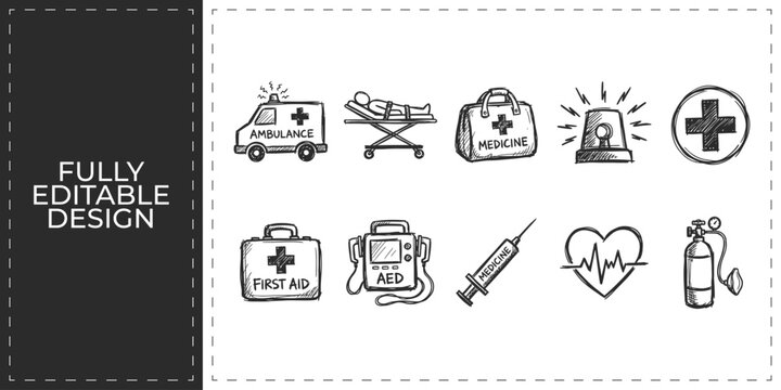 Hand drawn emergency medical icons with ambulance stretcher and medical aid signs flat vector illustration icon bundle set high resolution