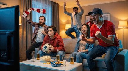 Fototapeta premium Excited group of friends cheering during intense football match broadcast in cozy living room, passionate soccer fans celebrating championship moment with snacks, drinks and festive sports atmosphere