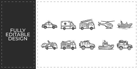 Hand drawn emergency vehicle icons featuring police car fire truck and rescue boat symbols flat vector illustration icon bundle set high resolution © Ashik  Khan