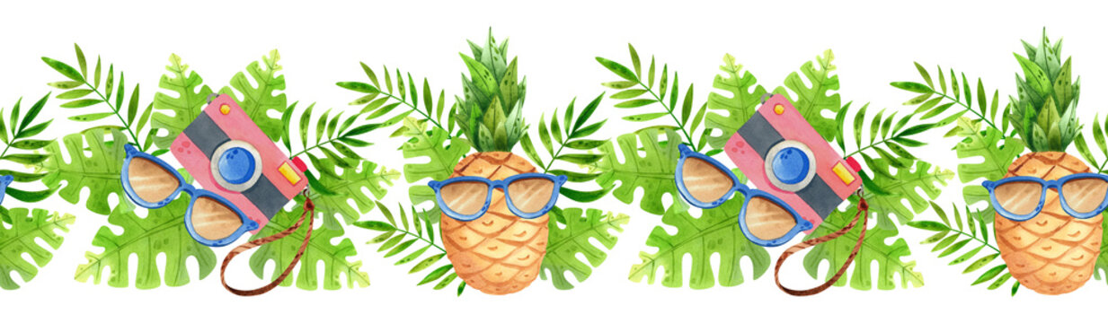 Summer border with a pineapple wearing sunglasses and a camera surrounded by leaves. Hand-drawn watercolor horizontal tropical vacation pattern. Travel items for postcards, packaging, and labels.