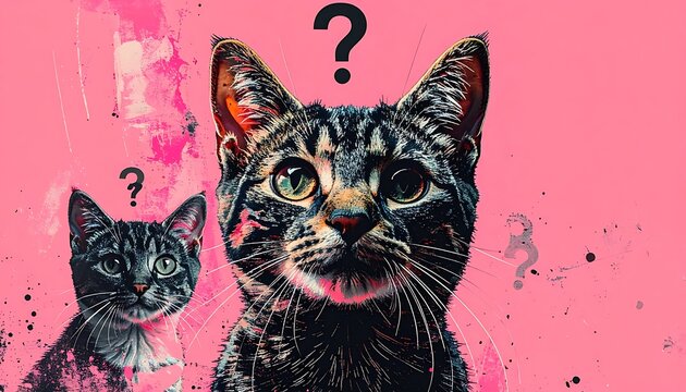 Two tabby cats pose against a pink, abstract background adorned with question marks