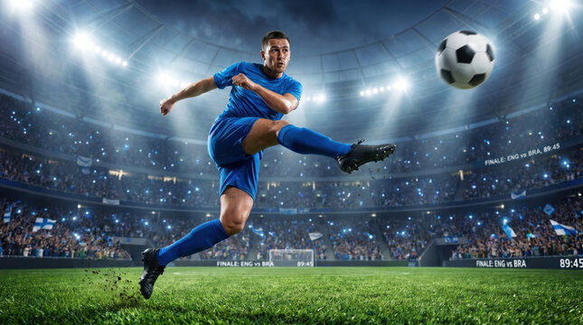 Football World Cup 2026 professional soccer player performing powerful airborne kick inside illuminated stadium, dynamic sports action scene with championship energy and cheering crowd