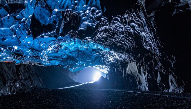 Glowing Blue Ice Cave with Natural Light Illumination in Volcanic Tunnel