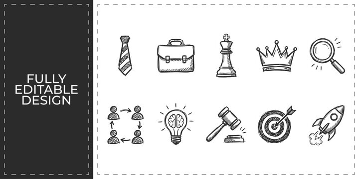 Hand drawn career and leadership icons with briefcase crown strategy and manager symbols flat vector illustration icon bundle set high resolution