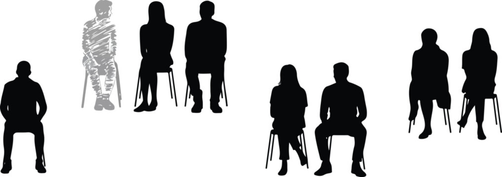 Minimal human silhouette vector set featuring seated and standing figure poses arranged in clean monochrome horizontal composition design layout.