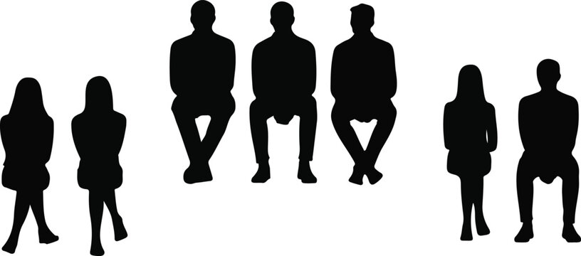 Minimal human silhouette vector set featuring seated and standing figure poses arranged in clean monochrome horizontal composition design layout.