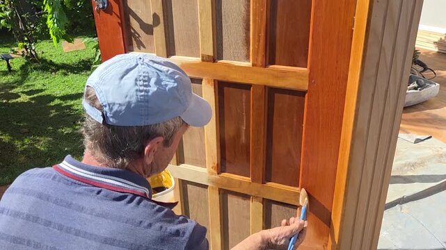 homem passando verniz pintando porta de madeira 