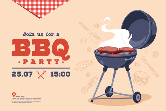 Summer BBQ party invitation poster with illustration of round charcoal grill, smoke, picnic elements and retro typography. Ideal for barbecue events, food festivals, outdoor parties, restaurant promo.