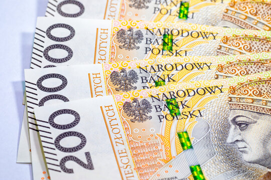 Multiple 200 Polish Zloty banknotes with portrait of King Sigismund I the Old. Currency of Poland. Money of European country.