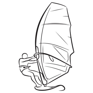 Windsurfer vector illustration with athlete holding sail on board for water sports and summer recreation