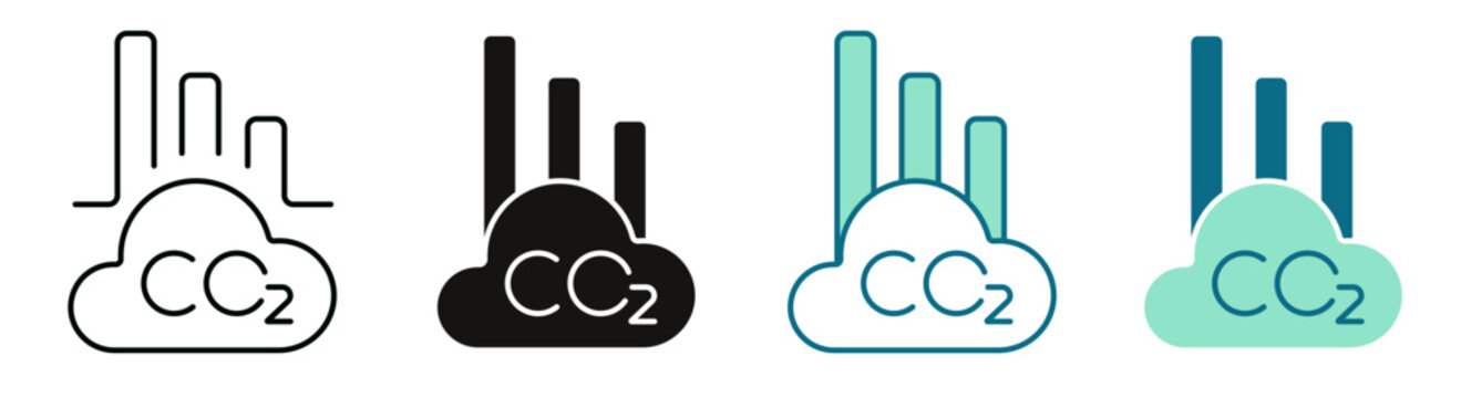 Carbon Emissions Analytics Icon. CO2 Cloud and Bar Charts Logo. Line, Negative, Duotone and Solid Style for Dark and Light UI, Web and Mobile Apps.