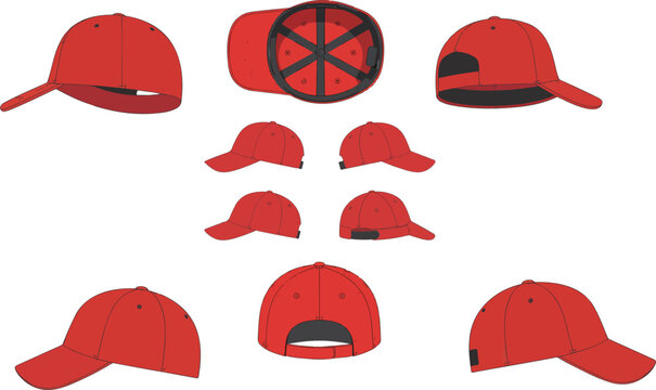 Red baseball cap mockup vector collection featuring multiple front back side and top views in clean realistic 3D presentation layout.