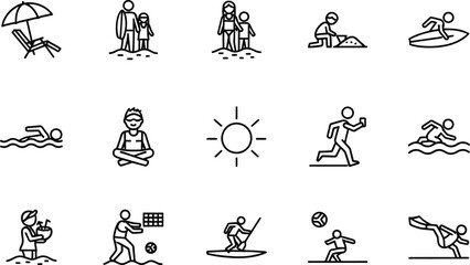 Obraz premium Beach activities icon set summer vacation water sports leisure and relaxation silhouette illustrations