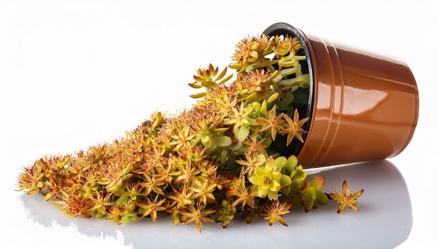 sedum stonecrop covered in golden star shaped succulent flowers spilling from pot